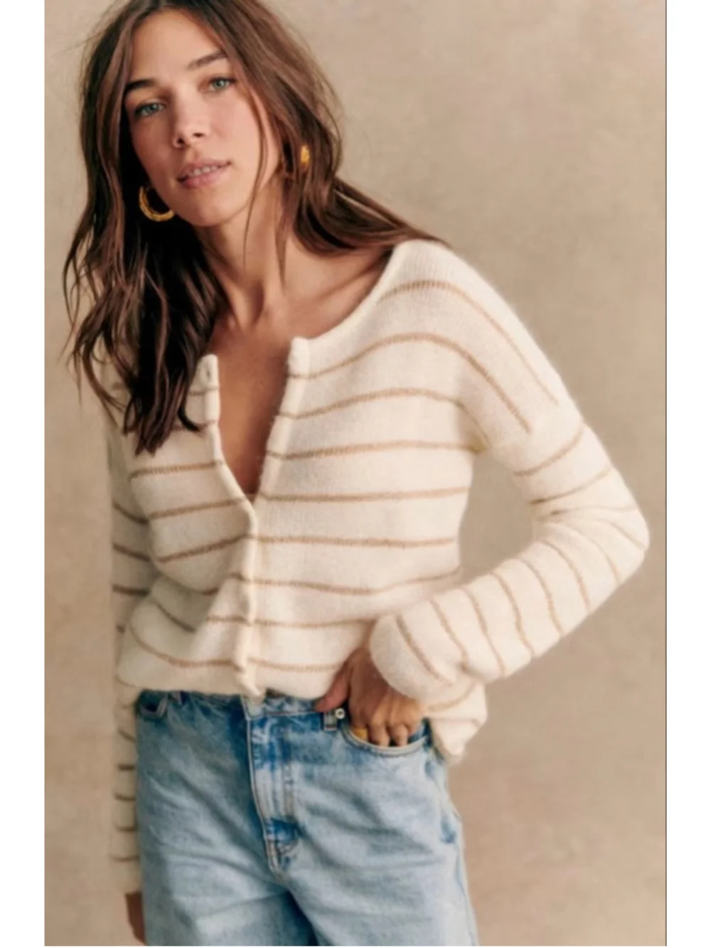 New Sezane Cream Gold Striped Cardigan Sweater S - Picture 6 of 8